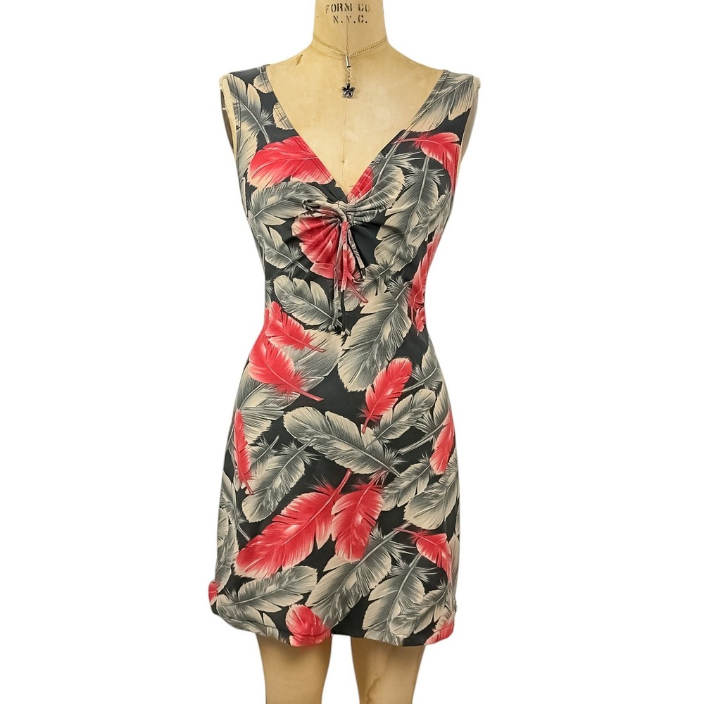 90's Tropical Print Mini Dress Cinched Bust Bodycon Retro Indie Size S